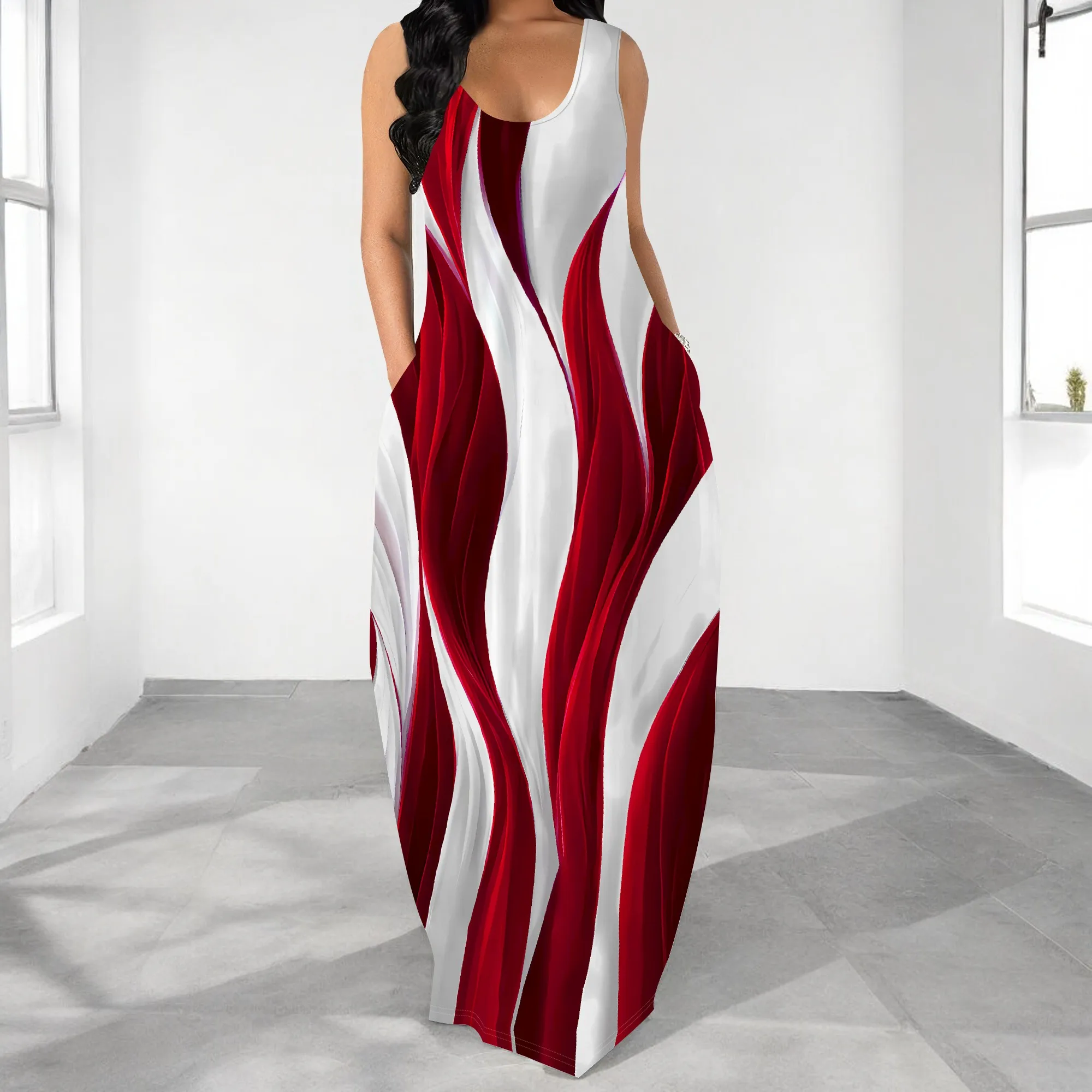 

Sleeveless Round Neck Wide Shoulder Strap Maxi Dress (Pocket) S-3XL