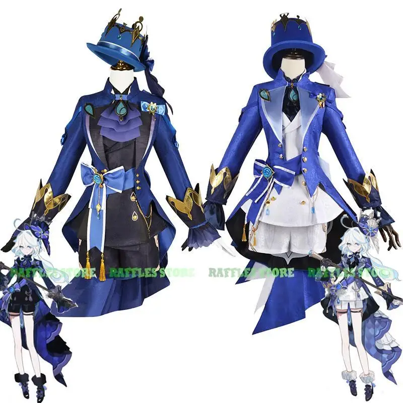Furina Cosplay Costume com Peruca Chapéu para Mulheres, Genshin Impact Anime, Focalors Preto, Roupas de Jogo, Sapatos DIY, Vestido de Festa