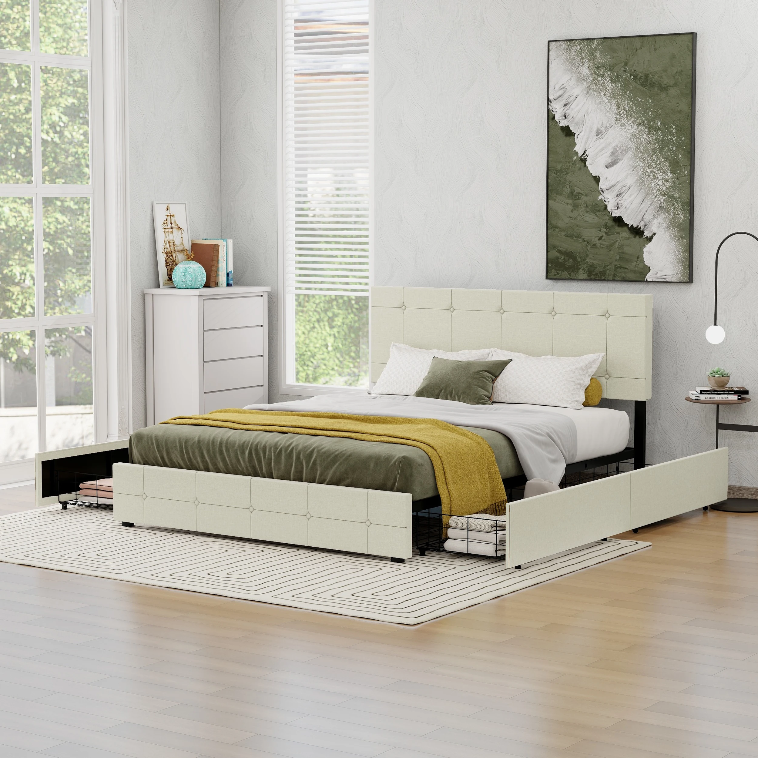 Upholstered Platform Bed Frame With 4 Storage Drawers, Button Tufted Mattress Foundation With Wooden Slats Support