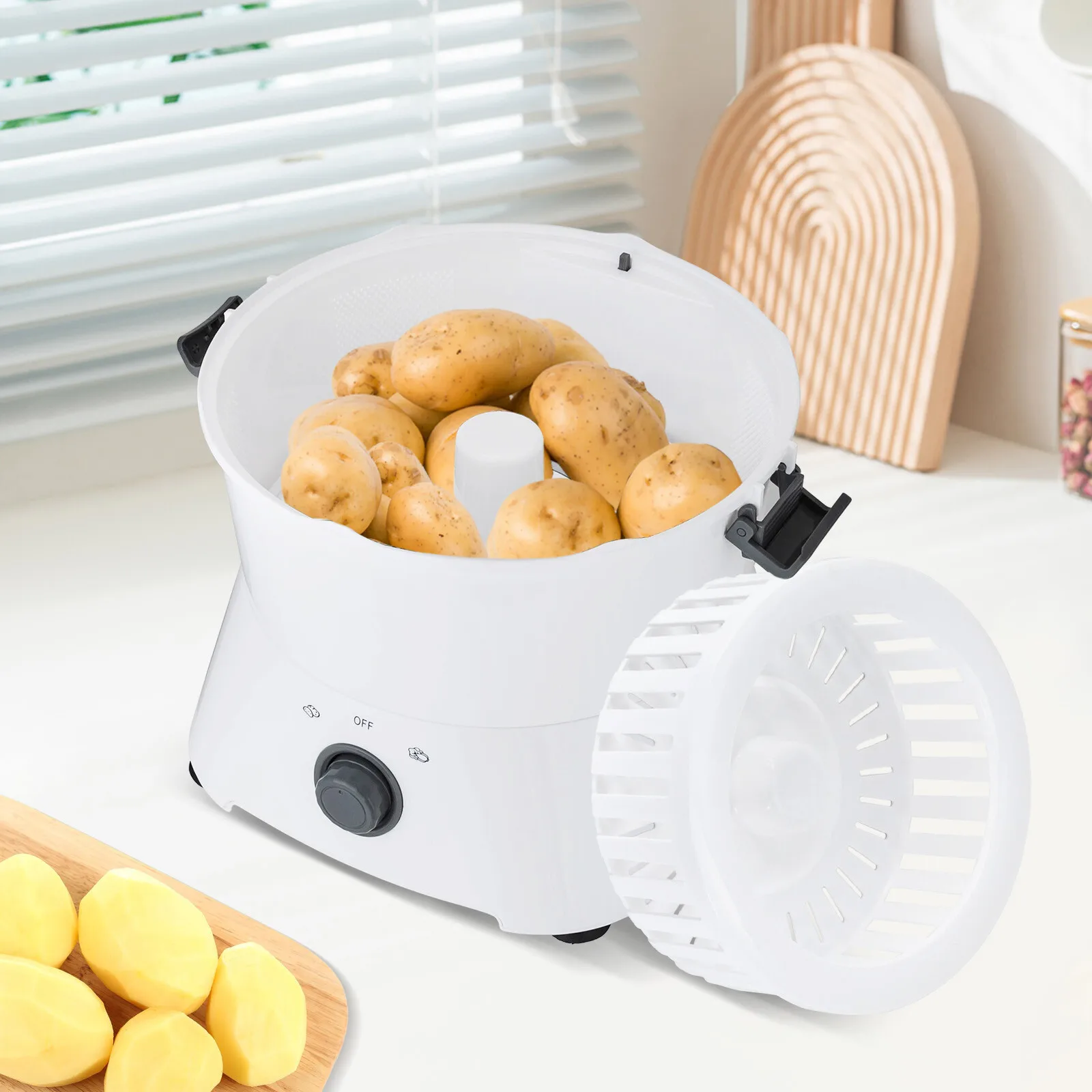 Machine à éplucher les pommes de terre cylindrique de 9,29 x 11,14 pouces, grande capacité, design moderne et soigné, à fixation sur table, blanche, pour les restaurants de restauration rapide