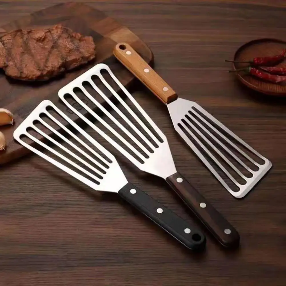 Stainless Steel Spatula Steak Spatula Heavy-duty Stainless Steel Slotted Spatula with Wooden Handle Heat-resistant for Steak