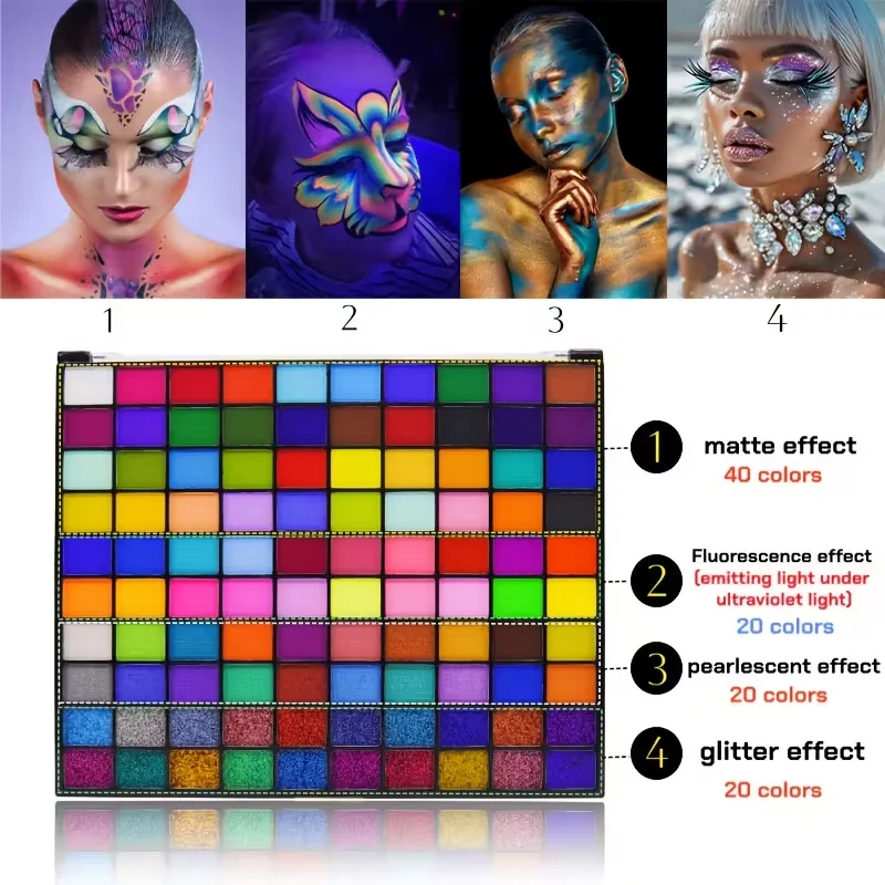 1 قطعة 100 لون رسم الجسم المائي | طلاءات غير لامعة وفلورسنت (تفاعل)، لؤلؤية ولامعة | مثالية للهالوين، Ch #1