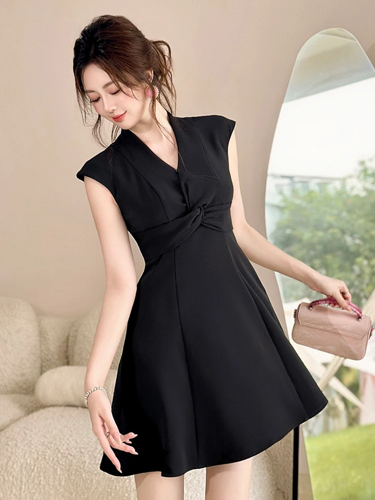 

Женская одежда, милое винтажное черное платье, элегантное короткое платье с витыми карманами, женская вечерние повседневная одежда, Vestidos, праздничный уличный халат