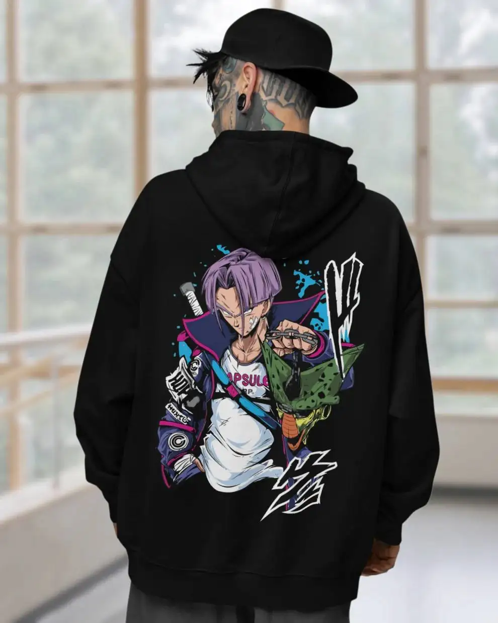 Dragon ball hoodie masculino vegeta cápsula corp impressão algodão streetwear pulôver solto ajuste unisex anime design gráfico cabelo roxo