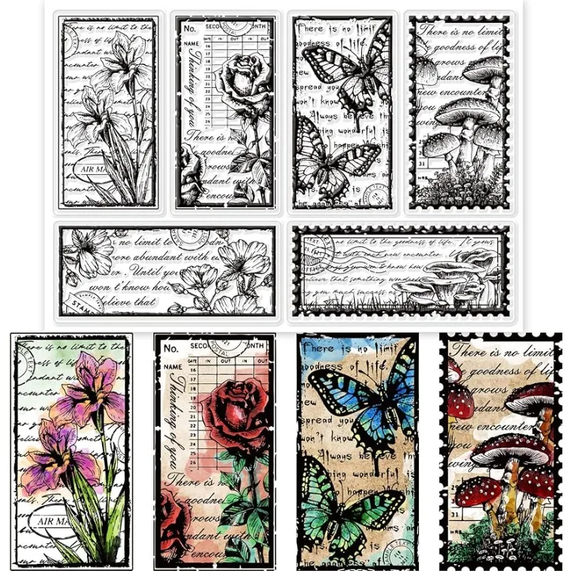 1 Sheet Vintage Flowers Clear Stamps for Cards Making Retro Mushroom Butterfly Silicone Clear Stamp Seals for Cards 160x110x3mm