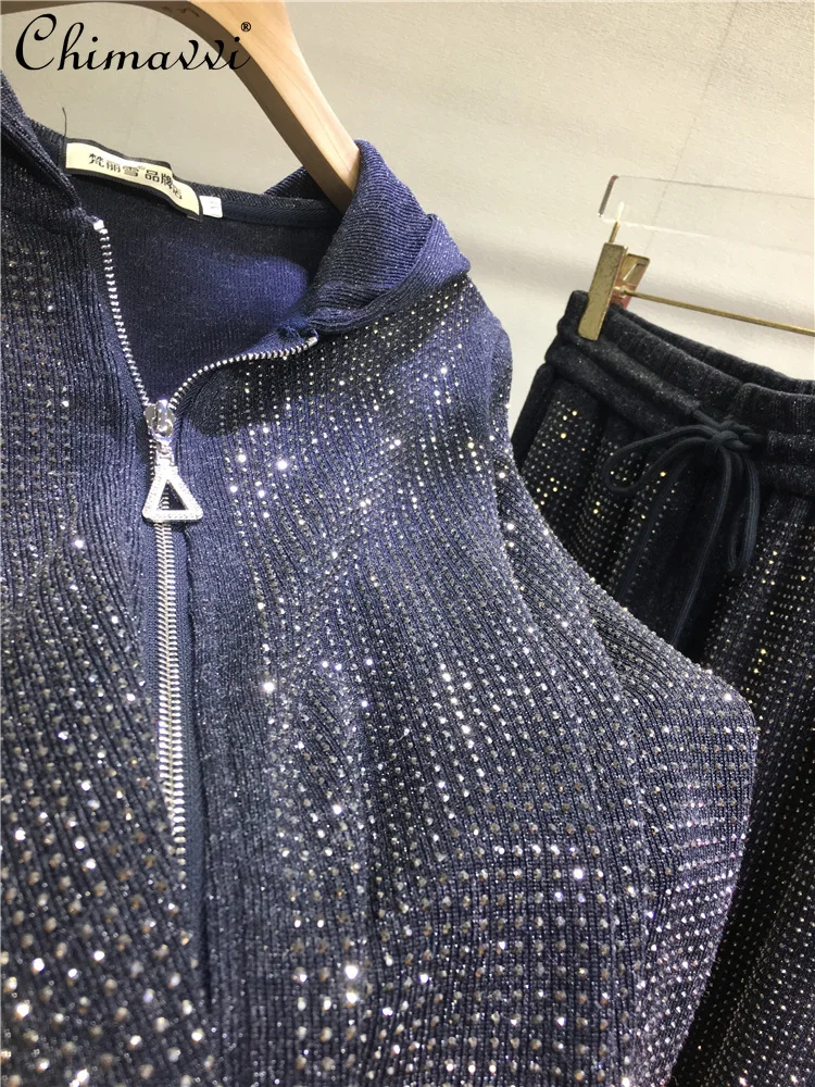 European Heavy Rhinestone Pants Set Autumn Ashion Full Rhinestone Zipper Long Sleeve Hooded Top Long Pants Women's Two-Piece Set