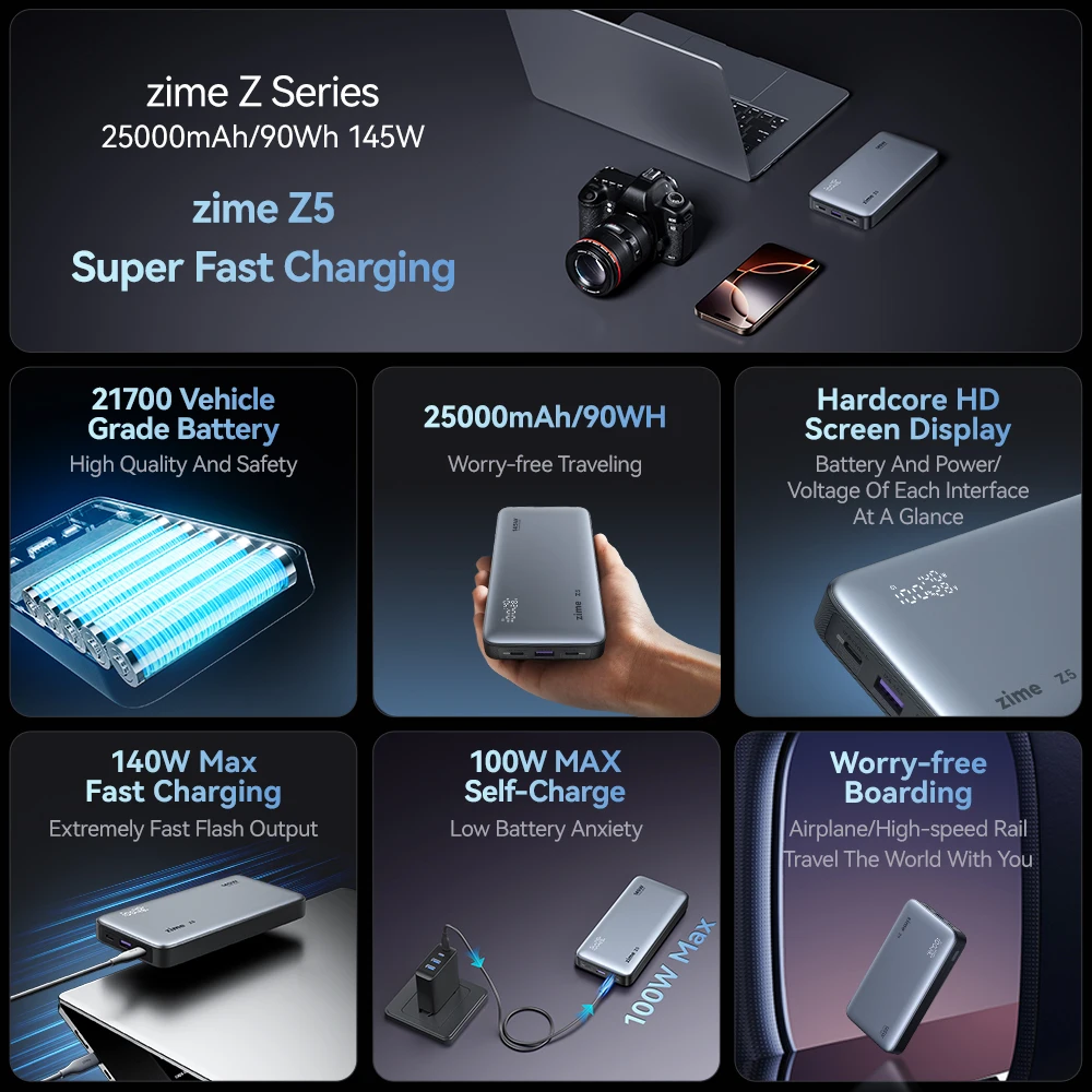 Zime Z5 145W Power Bank 25000mAh - Fast Charging for MacBook, iPhone