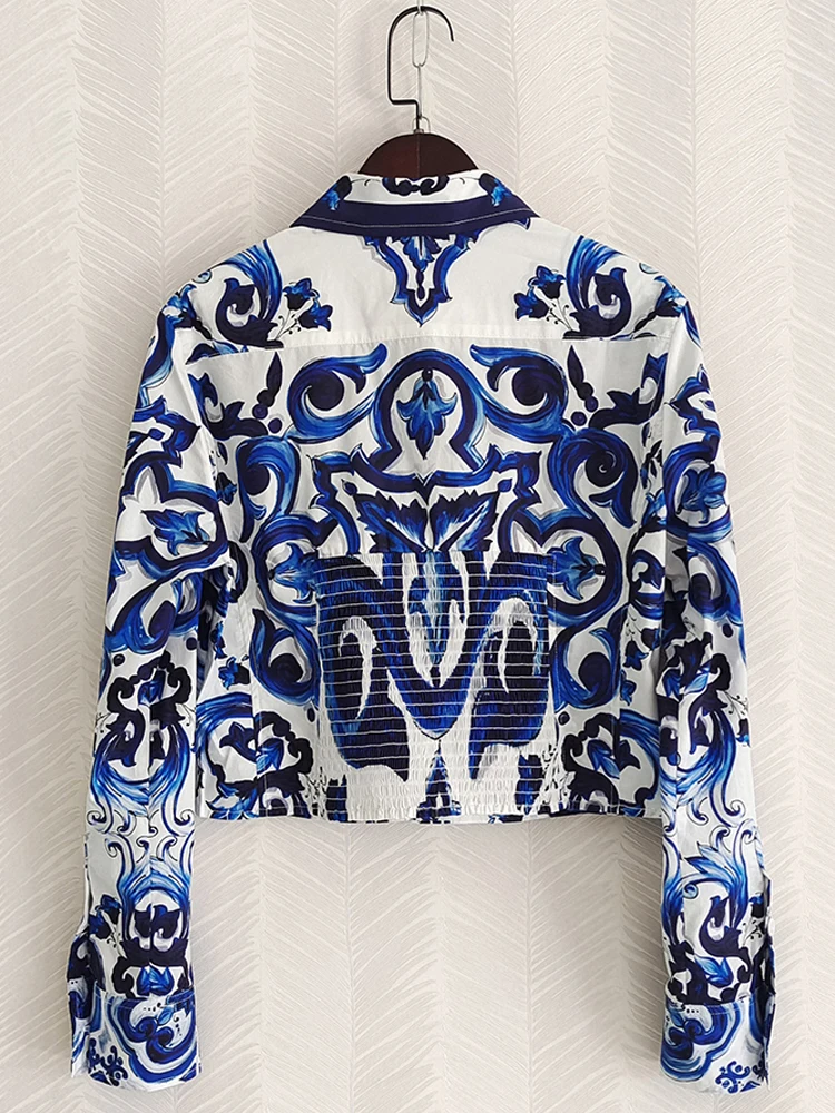 AELESEEN Autumn Winter 100% Cotton Jacket 2024 Runway Fashion Blue Porcelian Print Back Elastic Elegant Party Vacation Coat