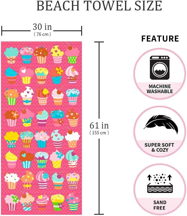 Microfiber Beach Towel Set Oversized Large Quick Dry Soft Thin Sand Free Cute Ice Cream Design Beach Towels for Kids Women