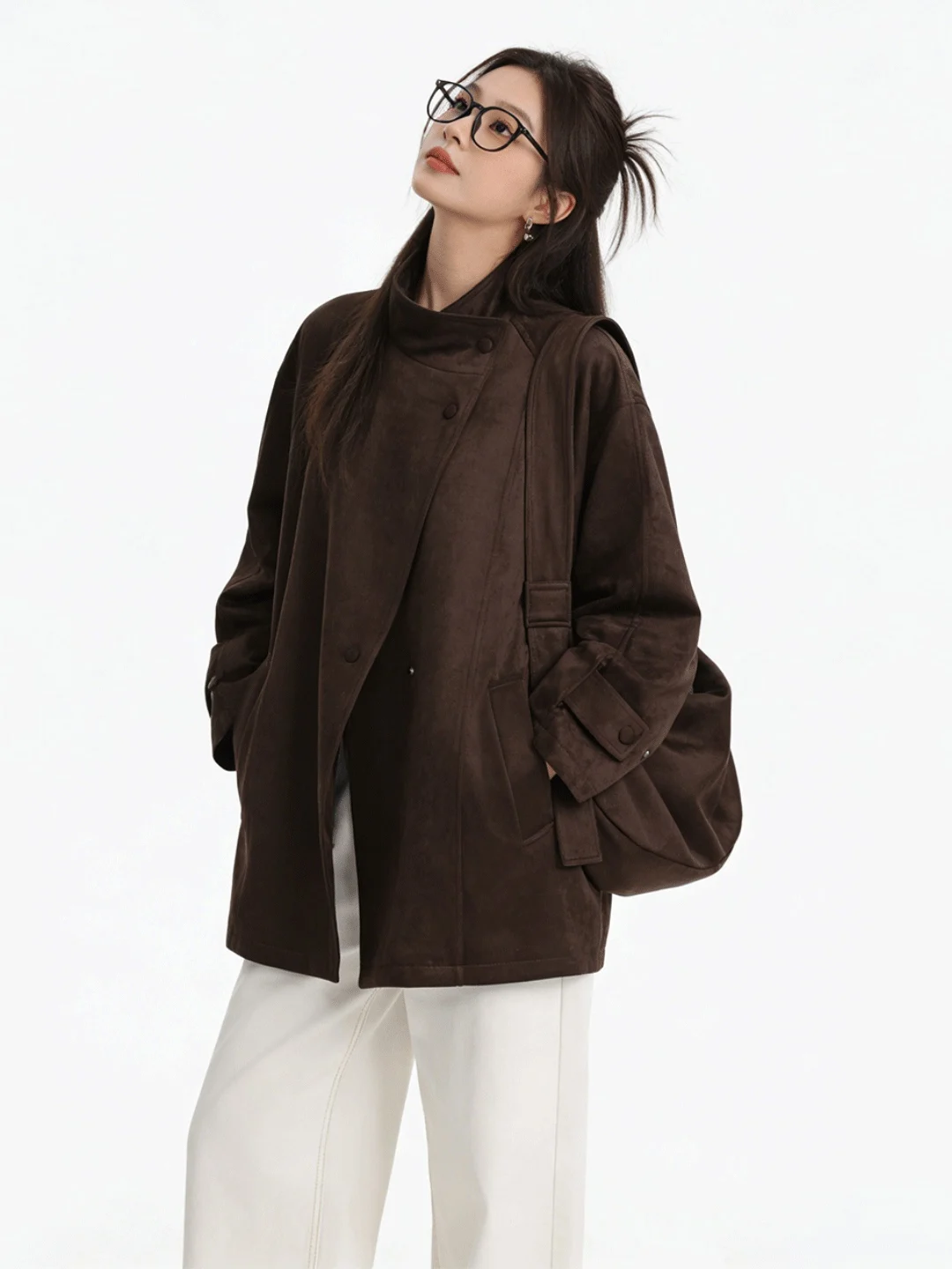 

Retro Suede Jaet Loose Fit Biker Sle Collar Versatile Early Spring Women's Casual Faion Long Sve Coat Straight Body
