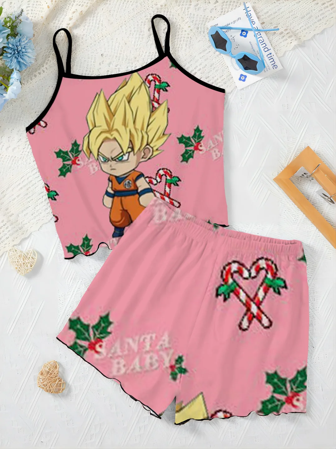 Elegant Women's Sets Top Slip Dress T-shirt Pajama Skirt Dragon Ball Son Goku Lettuce Trim Pieces Short Two Set Suit Home Dress