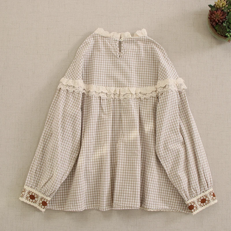 Spring Autumn Vintage Mori Girl Plaid Embroidery Patchwork Shirts Women Japan Style Stand Collar Long Sleeve Casual Loose Tops