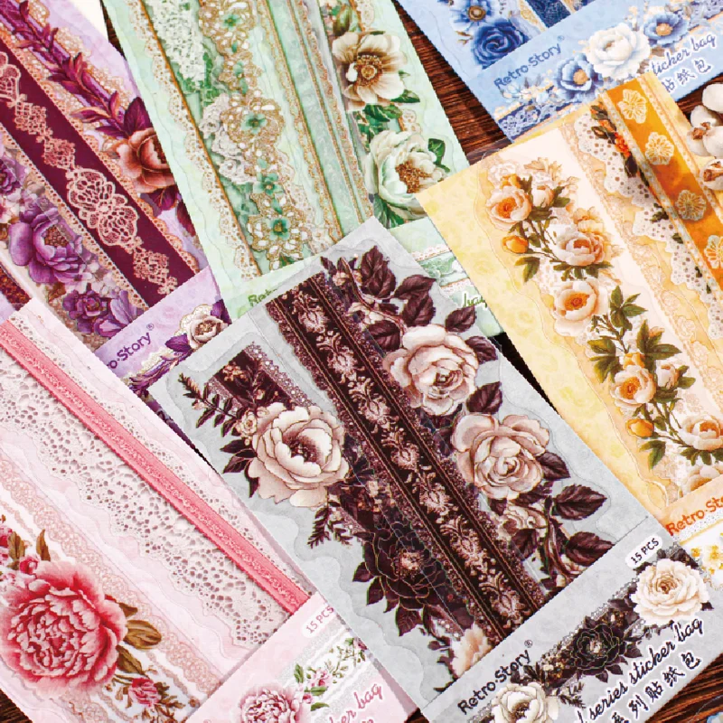 10 Photos 6 Books Waterproof PET Long Stickers Floral Fragrance Series French Retro Rose Flower Lace Pattern Creative Hand Note