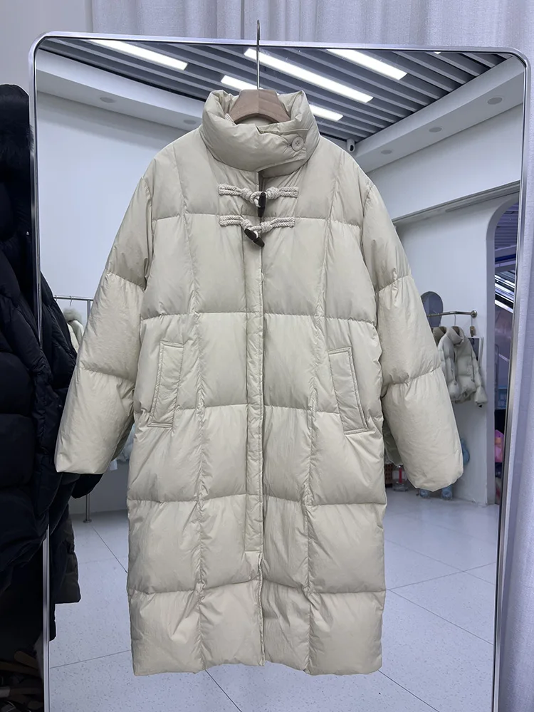 سترة نسائية بأزرار على شكل قرن البقر طراز طويل 2025 النسخة الكورية الجديدة بياقة واقفة وسترة سميكة من ريش البط الأبيض #5