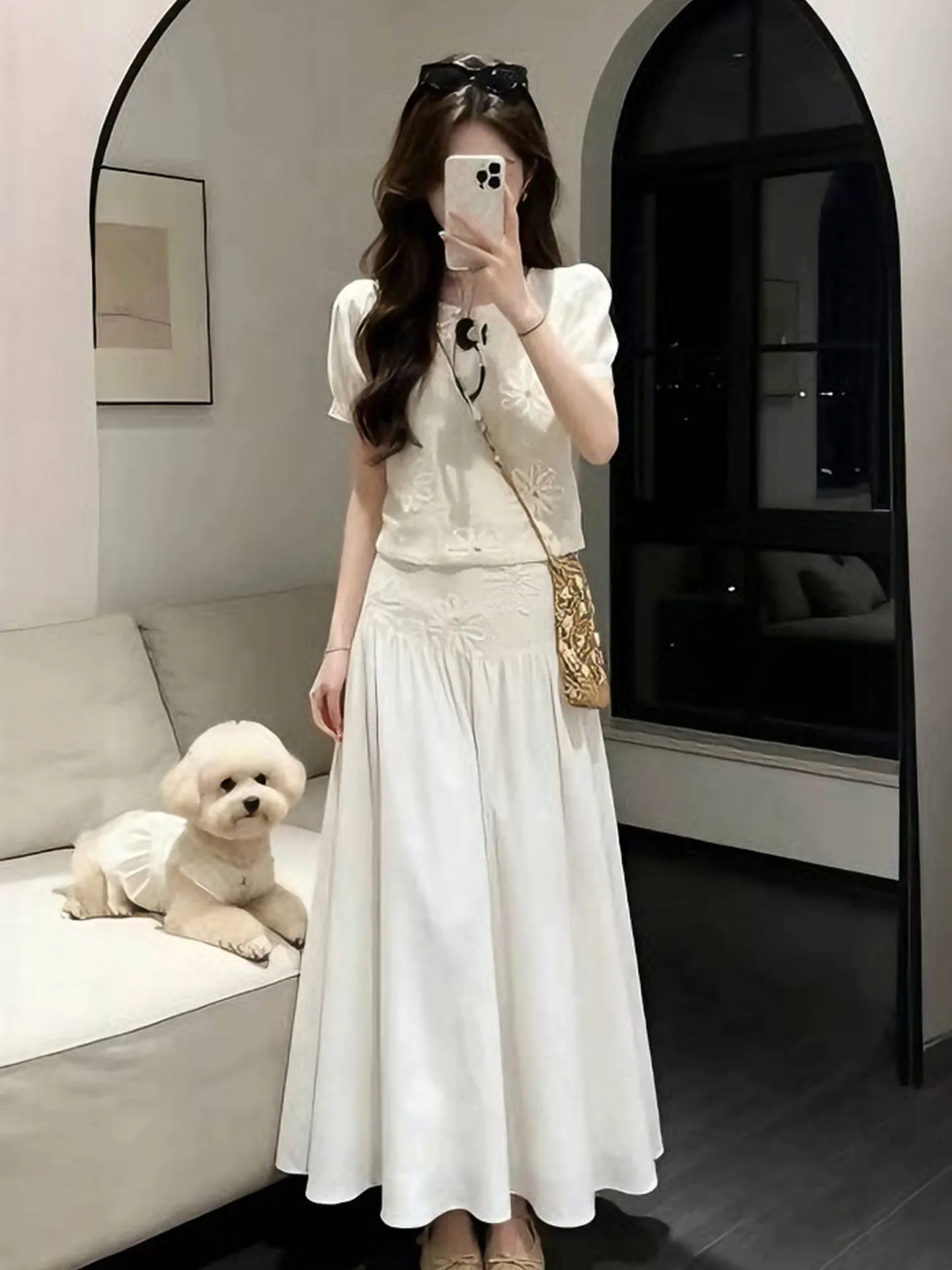 

Summer Lace Sleeve Top And High Waist Skirt Set Women's plus Size Fashionable Korean Style Short Sleeve Soft Gentle Wind