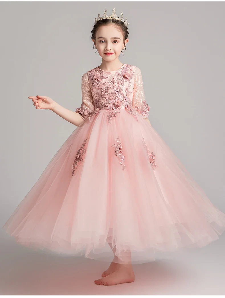

Appliques Tulle Girls Party Dress Flower Girl Dresses For Wedding Long Kids Pageant Princess Costume First Communion Gowns