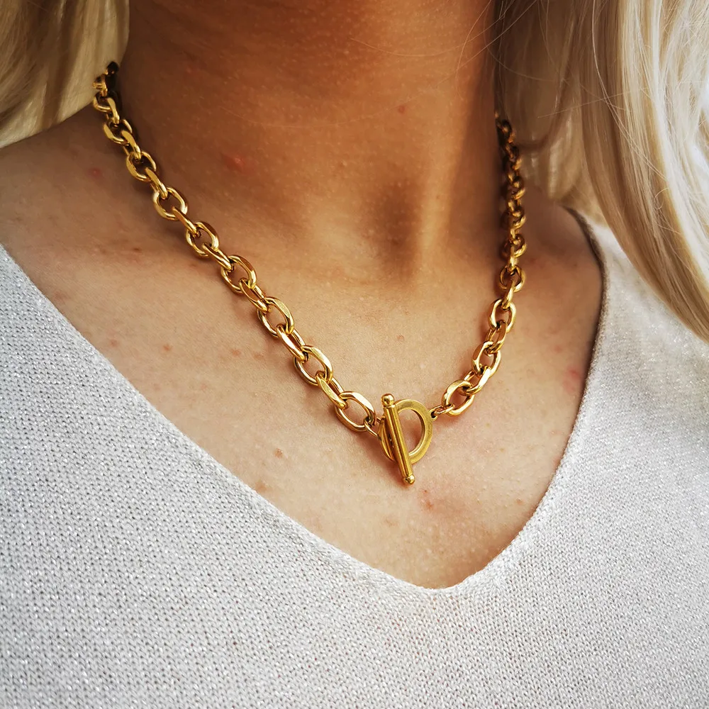 Vintage Stainless Steel Chunky Chain Necklace For Women Men Hip Hop Toggle Choker Jewelry