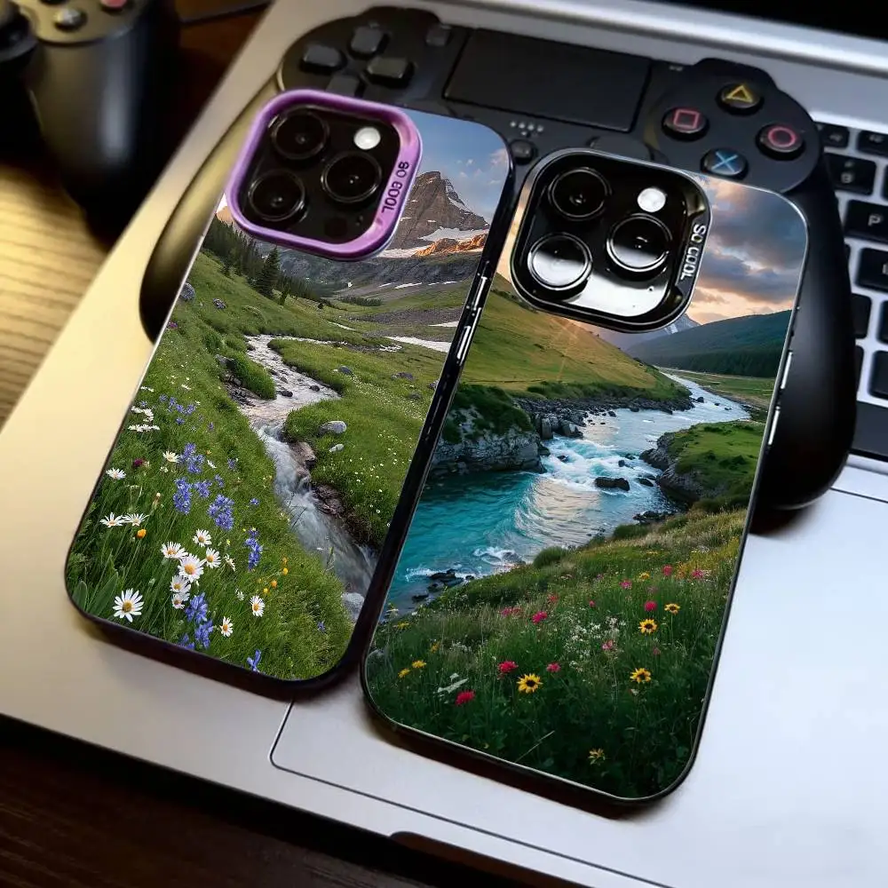 

Mountains And Lakes Phone Case For iPhone 17,16,15,14,13,12,11 Plus,Pro Max,XS,Colored Silver Plated Inside Cover