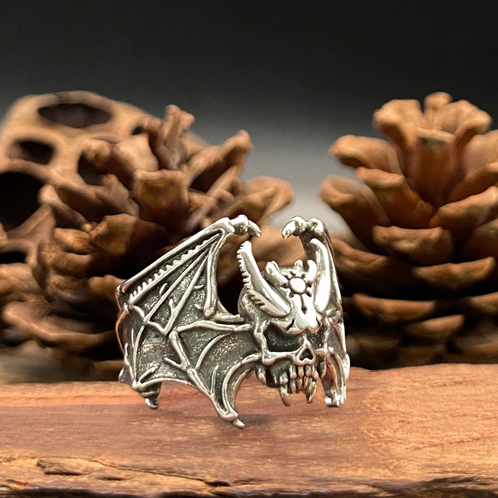 القوطية الخفافيش الجمجمة الدائري للرجال ريترو واسعة قابل للتعديل السائق الدائري هالوين مصاص دماء مجوهرات شخصية فن الديكور الدائري فاسق #4