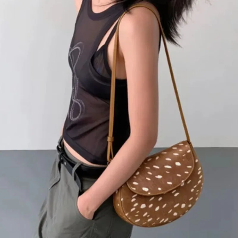 Vintage Deer Spots With Horsehair Shoulder Bag for Women Fashion Matte Underarm Bag 2026 New Commuter Patchwork Flap Purse