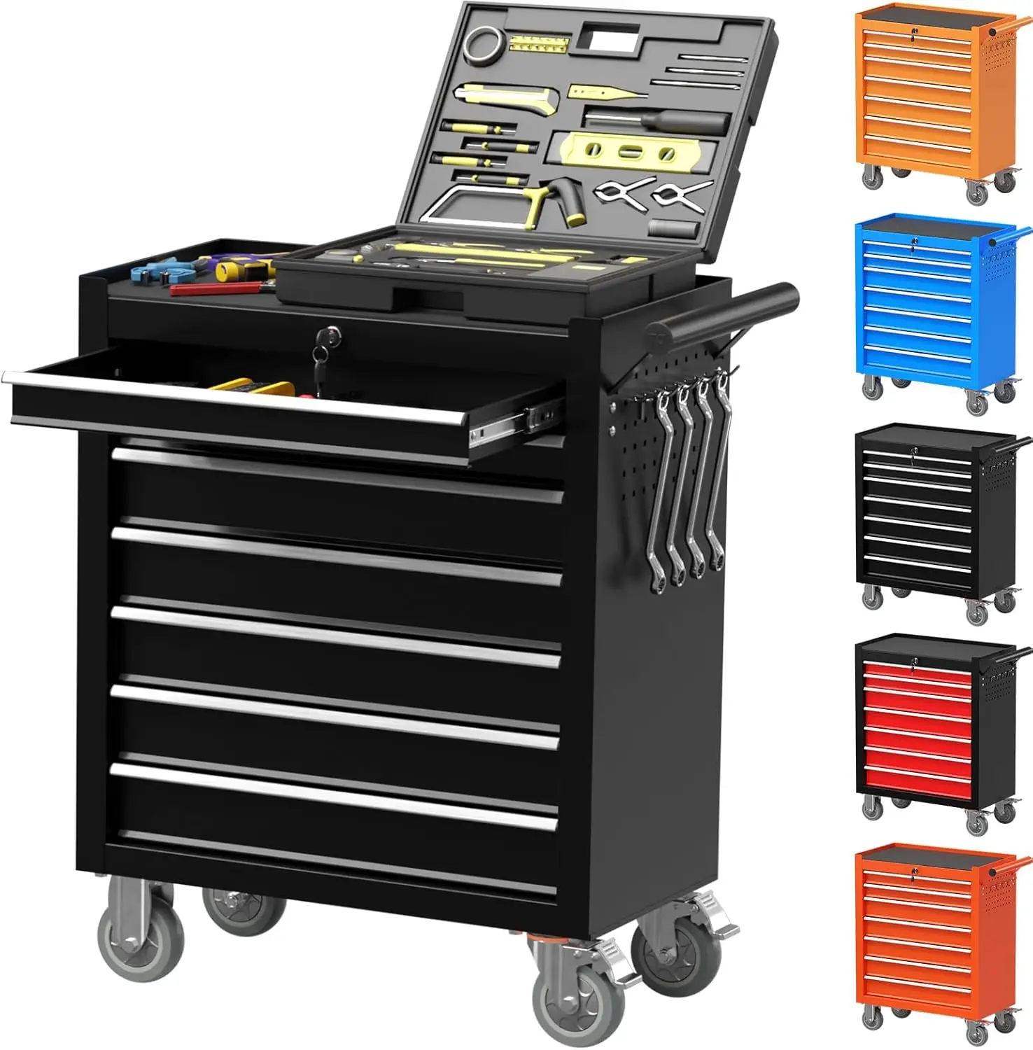 

7-Drawer Tool Chest, Rolling Tool Storage Cabinet With 360°Lockable Wheels, Tool Box With Key Locking System For Garage