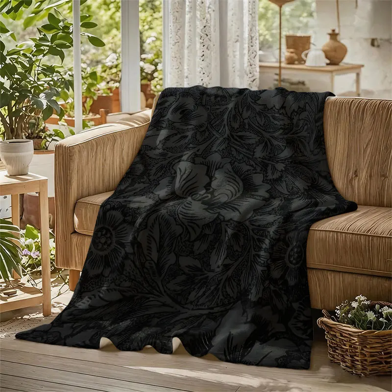 Dark Vintage Floral Engrave Flannel Blanket Warm Soft Halloween Christmas Decorative Couch Warm Cozy All-Season Gift