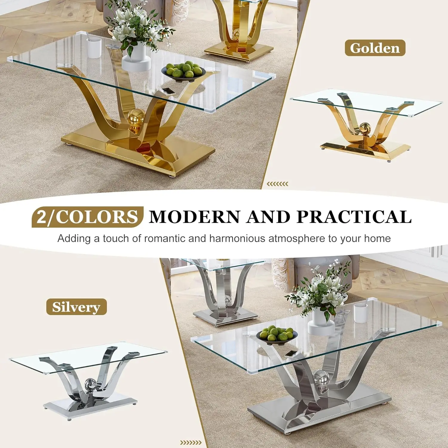 Rectangular Glass Coffee Table Set Of 3- Modern Center And 2 End Tables, Clear Tempered Glass Top With Gold Mirrored Stainless S