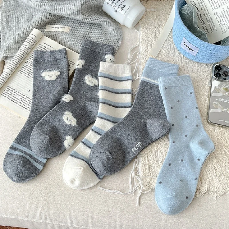 5 Paar warme, bequeme Wollsocken für Damen im Herbst und Winter, niedlicher kleiner Hund mit Zwischensohle, vielseitige, rutschfeste, lässige Damensocken