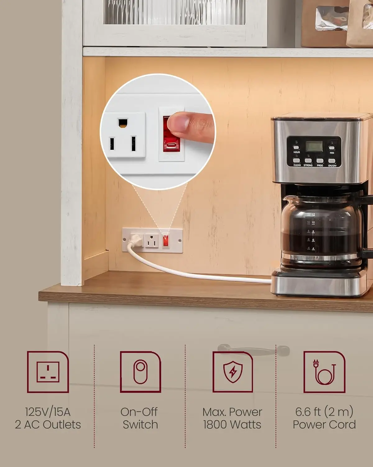 خزانة مخزن المطبخ مقاس 71 بوصة مع أضواء ومحطة شحن، وخزانة بار القهوة مع أبواب ودرج، ونمط المزرعة، قابل للتعديل