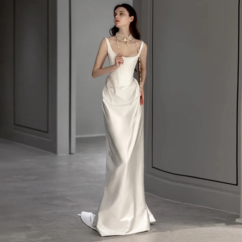 Satin light wedding dress spring and autumn retro simple going out yarn small trailing suspender dress evening dress