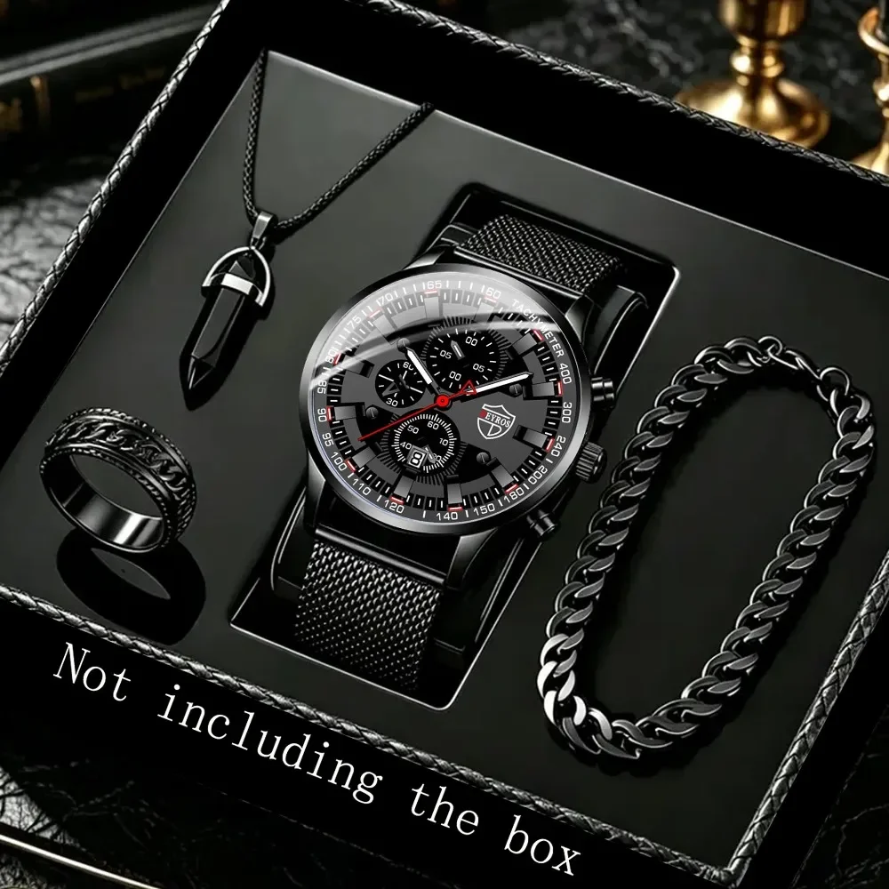 4pcs Men High-end and Elegant Quartz Watch and Bracelet Necklace Ring Set Men's Watch—the Perfect Gift for Fathers