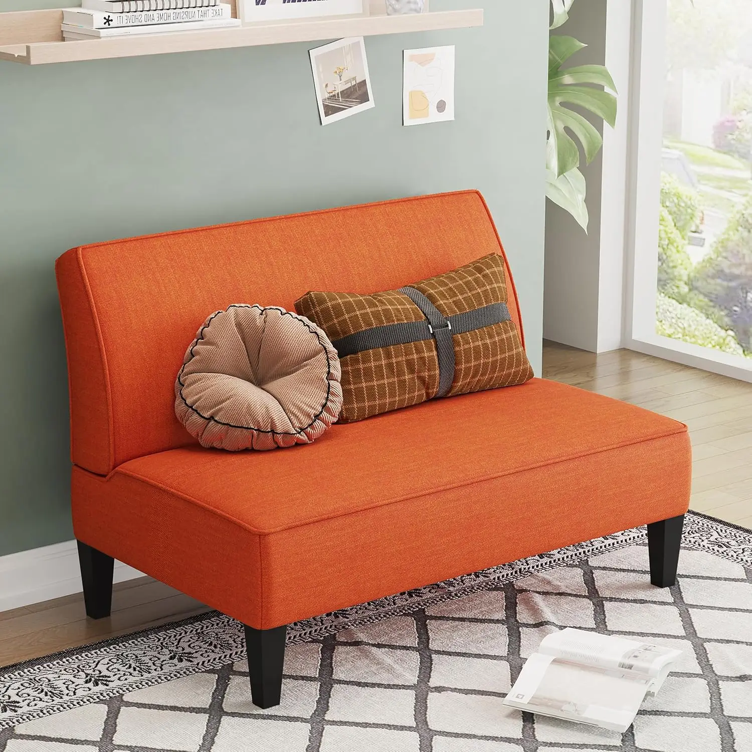 Small Loveseat Mini Sofa Couch Accent Upholstered Bench with Back Living Room Bedroom Office ArmlLove Seat Settee Orange