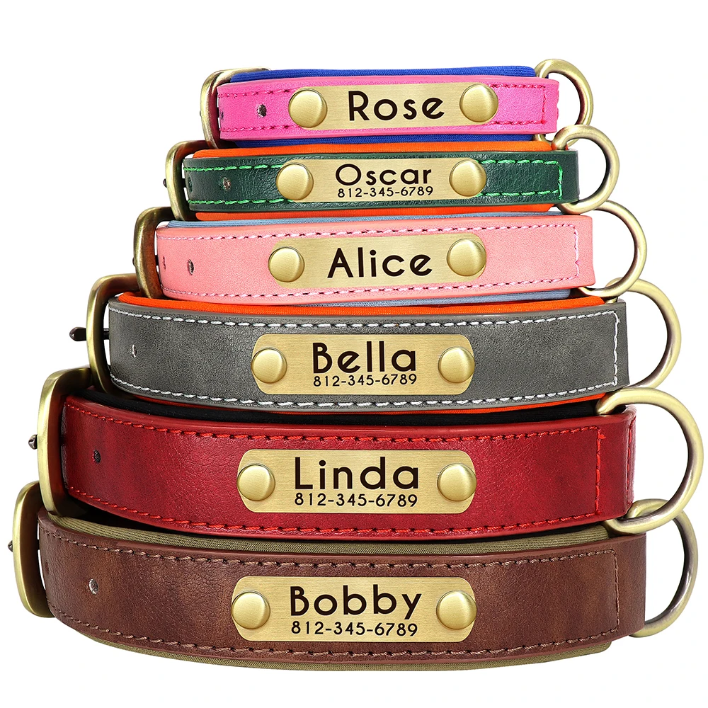Customized PU Leather Nameplate Dog Collar Soft Padded Dogs Collars Free Engraving Name For Small Medium Large Dogs Adjustable_voghion.com