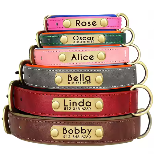 Customized PU Leather Nameplate Dog Collar Soft Padded Dogs Collars Free Engraving Name for Small Medium Large Dogs Adjustable - Image 3