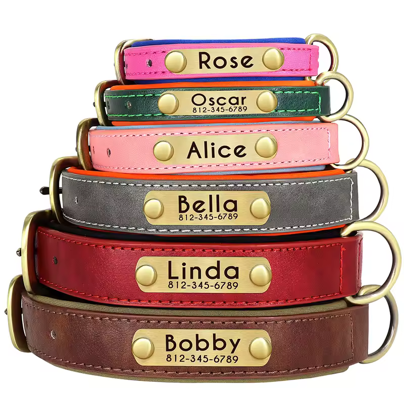 Customized PU Leather Nameplate Dog Collar Soft Padded Dogs Collars Free Engraving Name for Small Medium Large Dogs Adjustable - Image 3