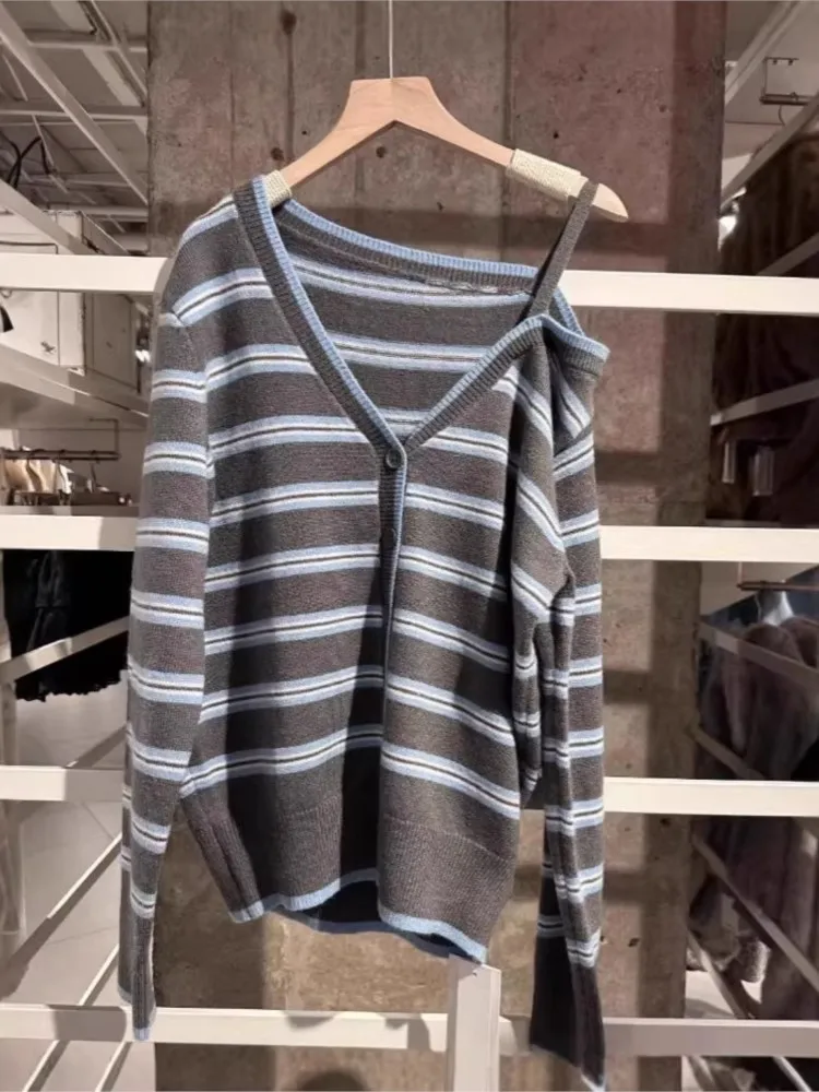 Striped Off-the-shoulder Knitted Cardigan Women Spring Streetwear Sexy Button Sweater Coat Simple Sweet Preppy Style Sweaters view 3