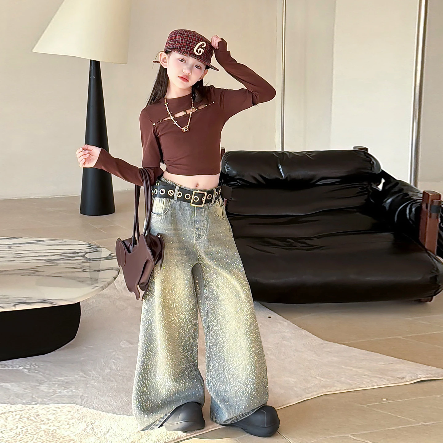 Kids Girls Sparkle Rhinestone Wide Leg Jeans Casual Denim Pants Children's Fashion Trousers Vintage Baggy comfort Y2K Streetwear