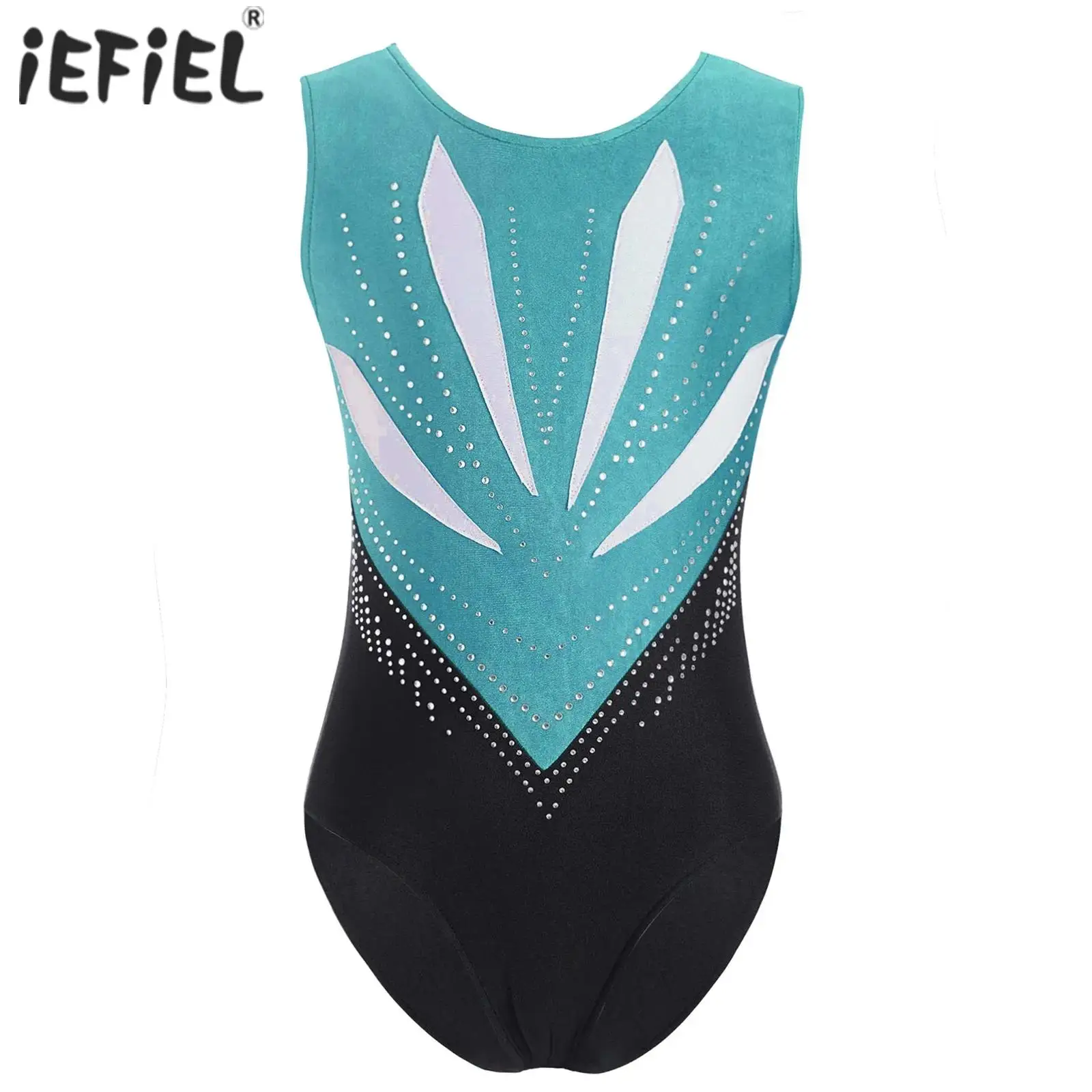 Kids Girls Gymnastics Ballet Jersey Leotard Figure Skating Costume Bowknot Cutout Back Sparkly Rhinestones Bodysuit Dancewear