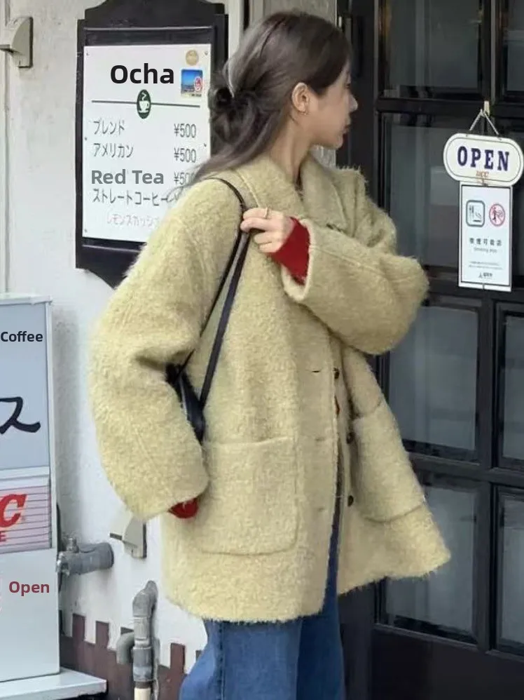 

Корейское женское шерстяное пальто в стиле ретро, теплая верхняя одежда с откидным воротником на одной пуговице, осенний сезон, модная джентльменская куртка