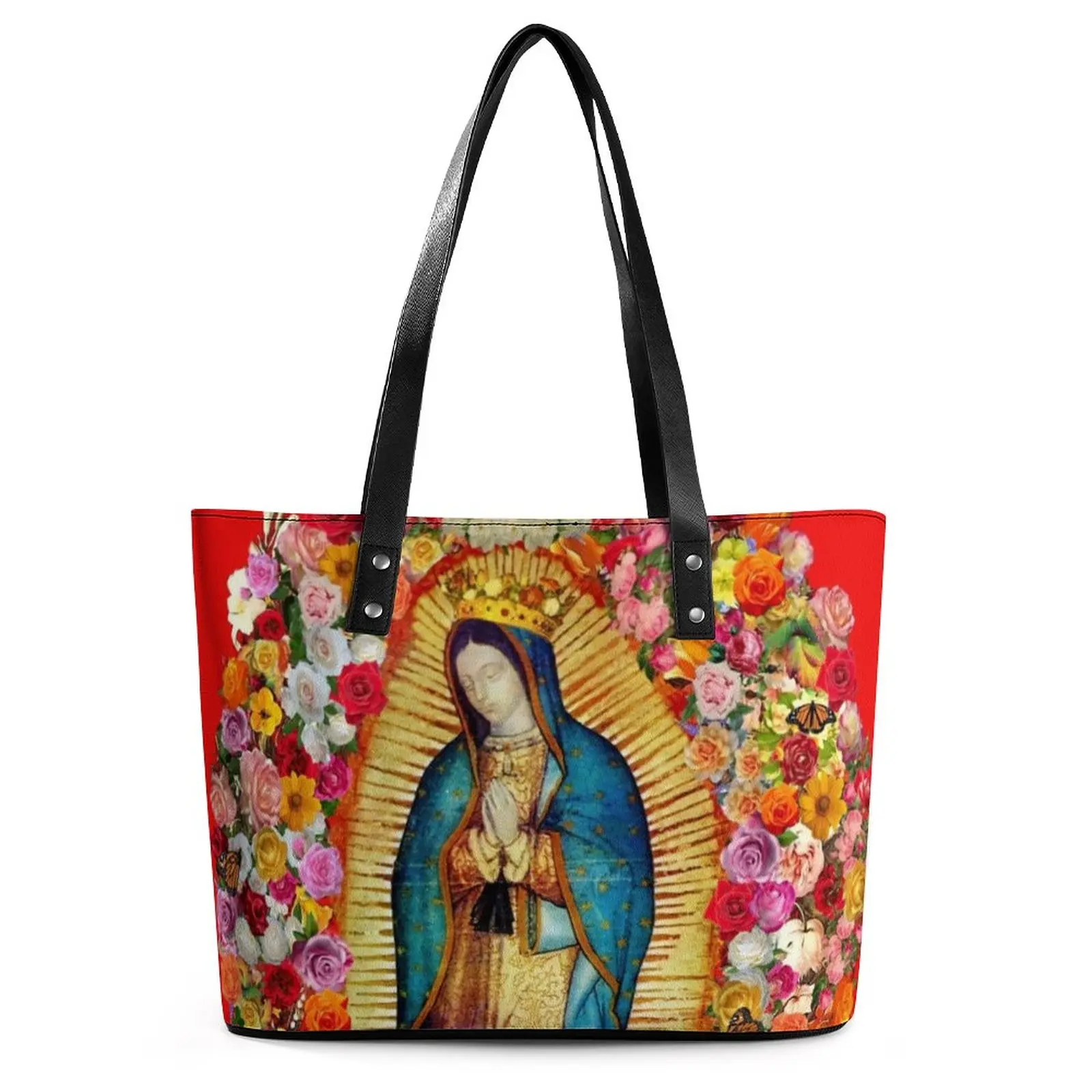 

Mexican Virgin Mary Handbags Our Lady of Guadalupe PU Leather Shoulder Bag Lady Outdoor Designer Tote Bag Aesthetic Shopper Bags