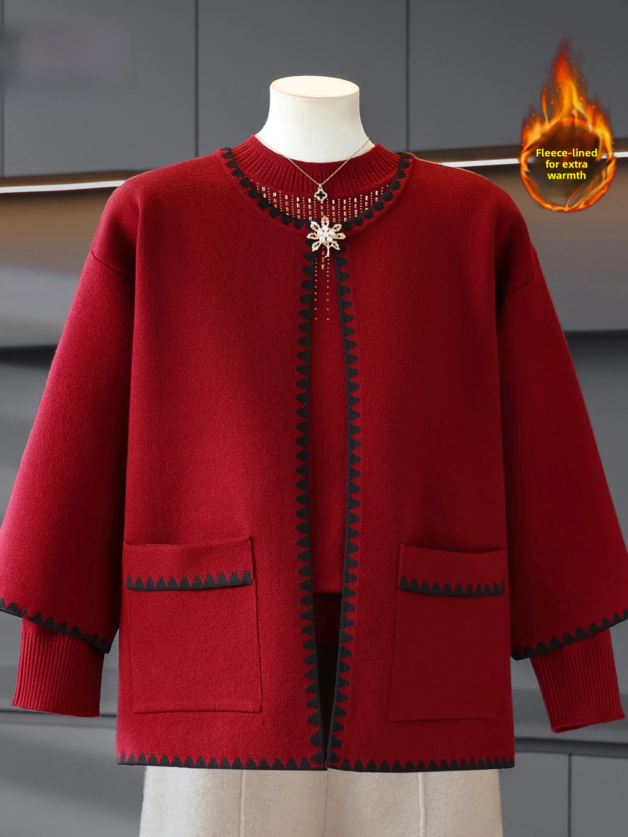

2025 New Fce Lined Knitted Cardigan Coat Women's mid Age Mommy Sle Two Piece Set Faionable Warmth Outerwear