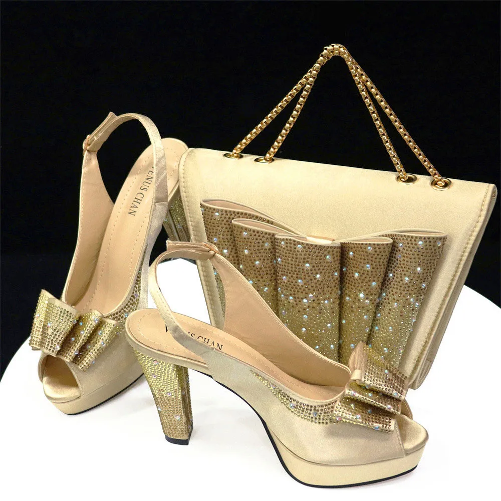 

Golden Italian Women Shoes and Bag Matching Appliques High Quality Comfortable Heels with Shinning Crystal for Birthday Party