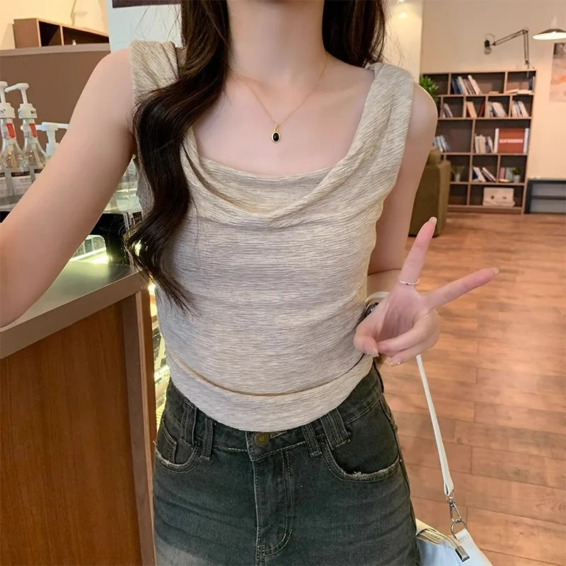 Chaleco camisola plisado sin mangas con escote cuadrado para mujer, con un diseño ajustado y de prendas de vestir exteriores