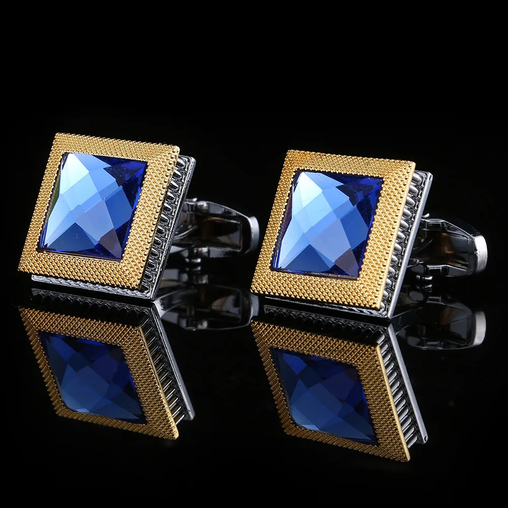 Fashion Square Two-Tone Blue Crystal Cufflink For Mens French Style Shirt Sleeve Cuffs Metal Copper Brass Gemelos