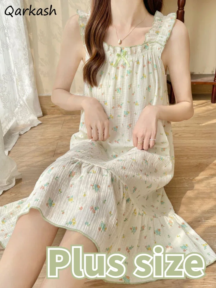 

Ночные рубашки с цветочным принтом, женские M-5XL, одежда для сна, милая домашняя одежда без рукавов длиной до колена, повседневная летняя студенческая универсальная нежная одежда