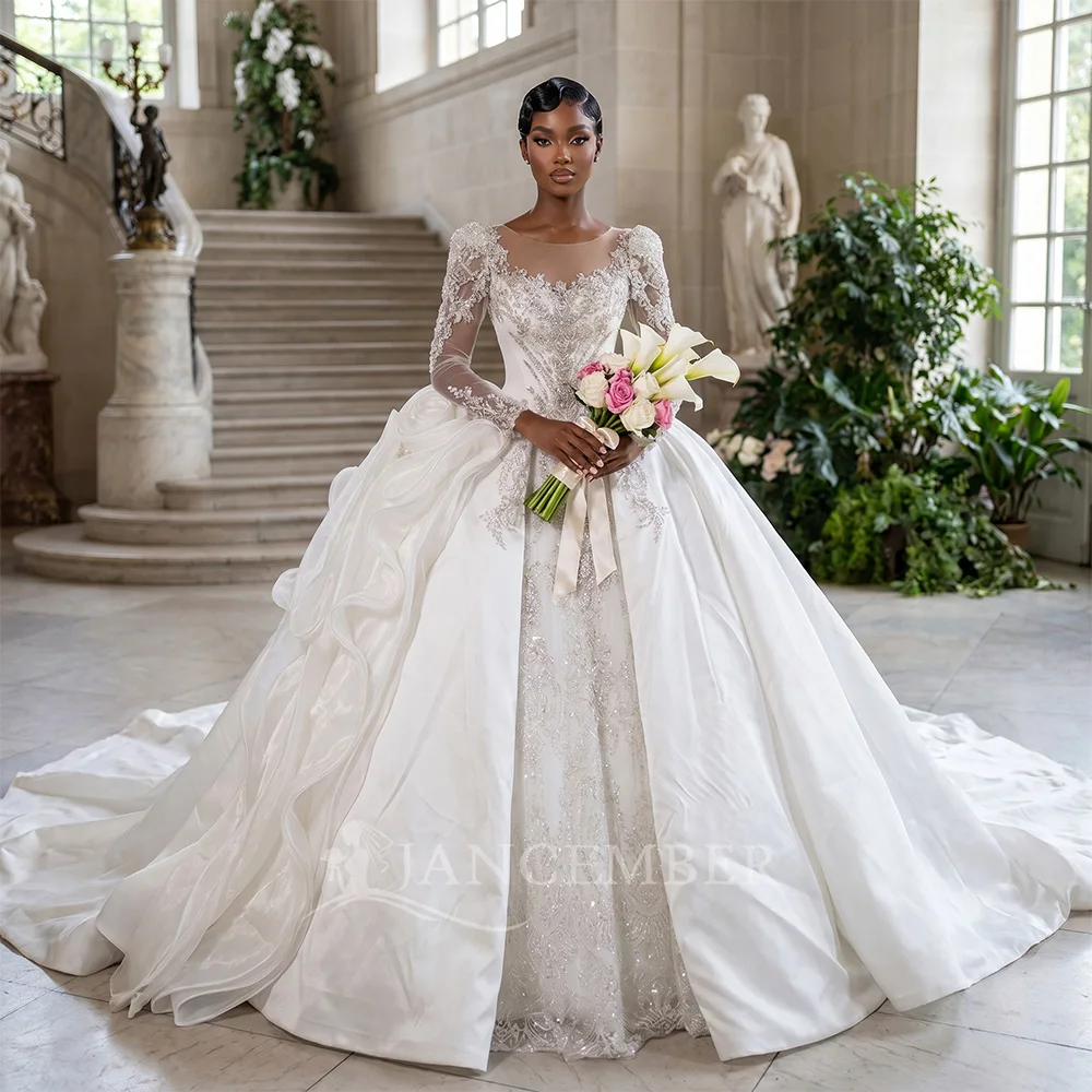 

Customized Long Sleeve Ball Gown Wedding Dresses 2026 O-Neck Princess Satin Beaded Bridal Gown Court Train Formalсвадебн