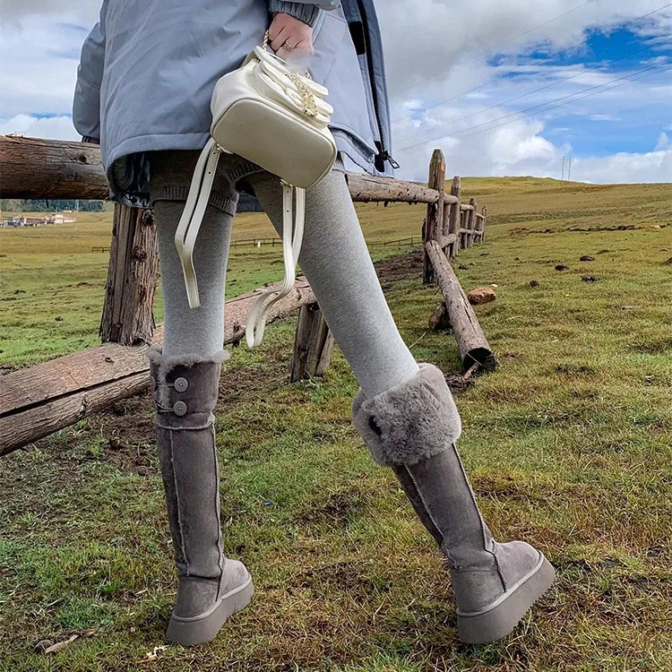 Gray Fleece Lined Thick Winter Snow Boots Women's Long Tube Boots Double Wear Warm Large Cotton Shoes Korean Style Waterproof...