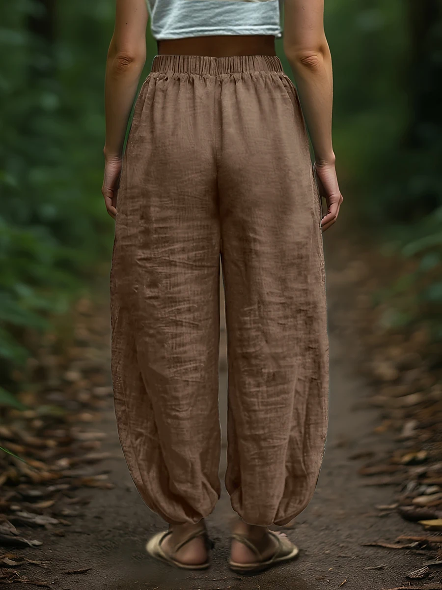 Damen Casual Einfarbige Weite Haremshose Baggy Ballonhose mit Hoher Taille, Kordelzug und Elastischen Knöchelmanschetten, Strand-Jogginghose – Detail 2