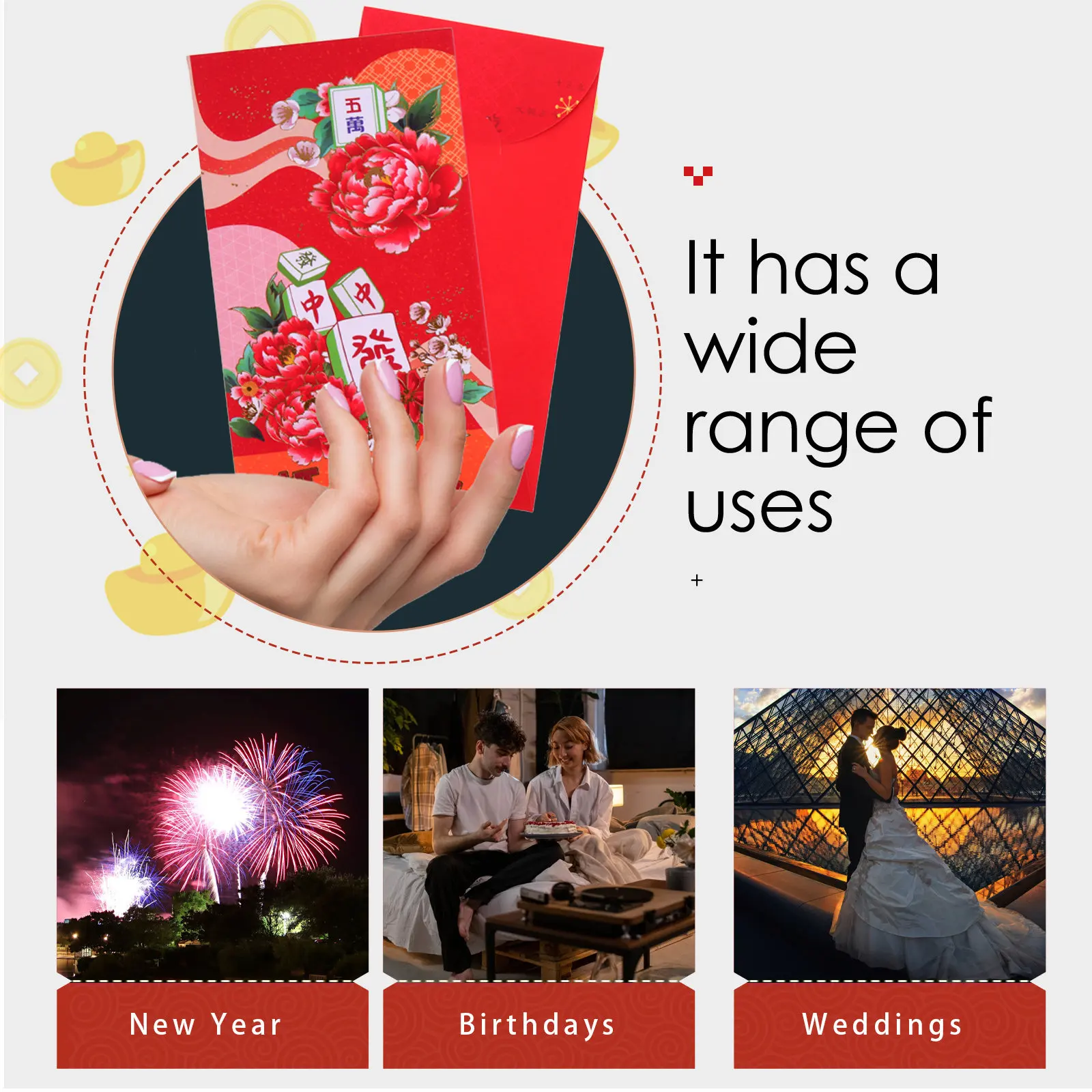 

18Pcs Traditional Chinese Mahjong Red Envelopes Sturdy Smooth Paper Hong Money Packets for Festive Celebrations New