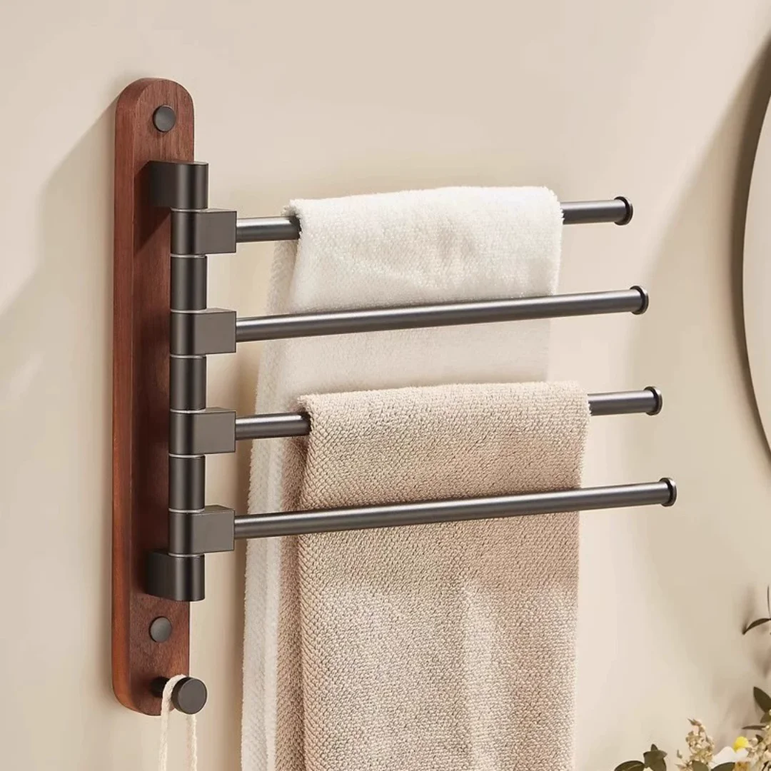 Rak Handuk Kamar Mandi Kayu Hitam, Gantungan Handuk Putar Lipat, Rak Handuk Tempel Dinding, Rak Handuk Ringkas, Rak Handuk Kamar Mandi